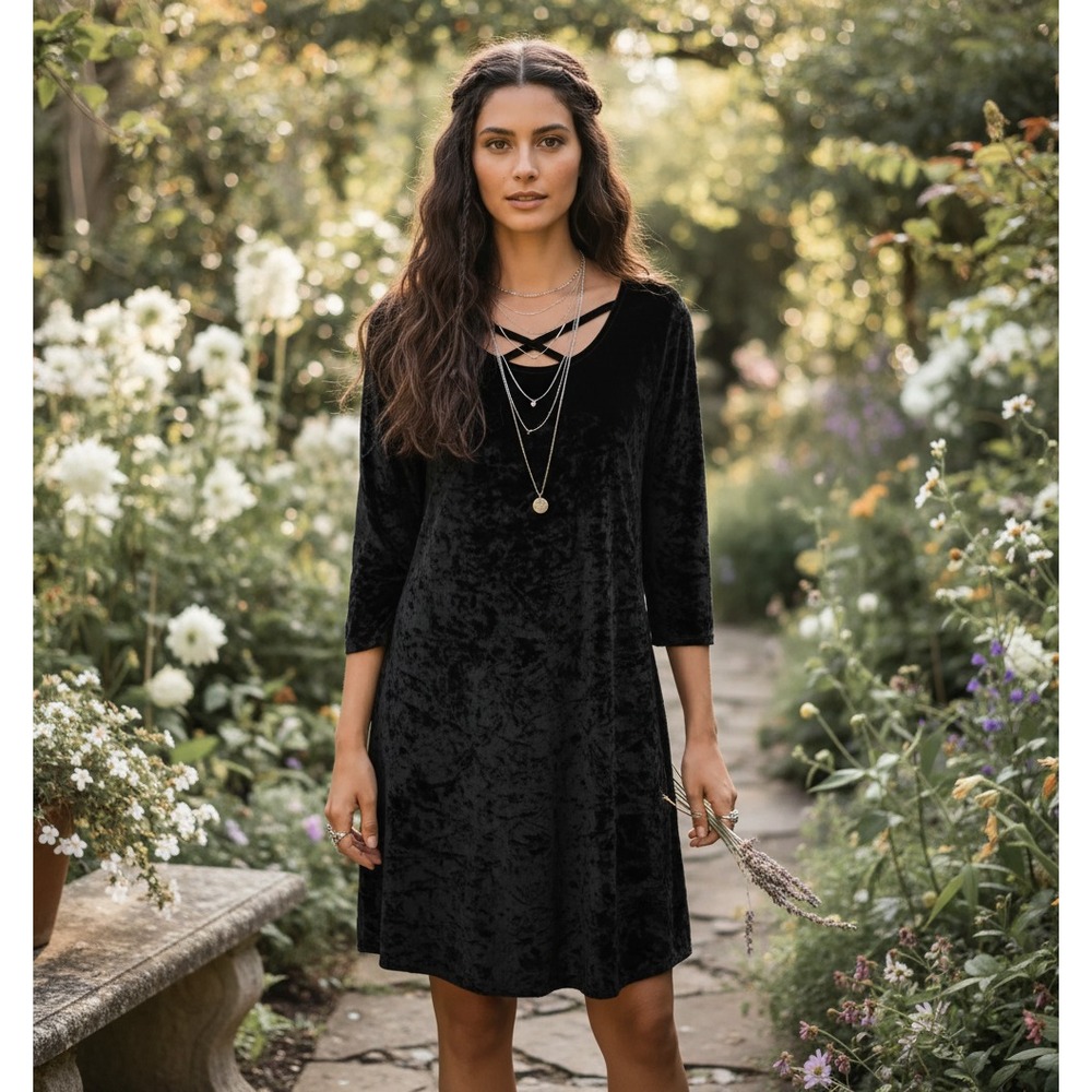 Southern Stitch S Dress Black Velvet Shift Mini Pockets Edgy Boho Whimsigoth